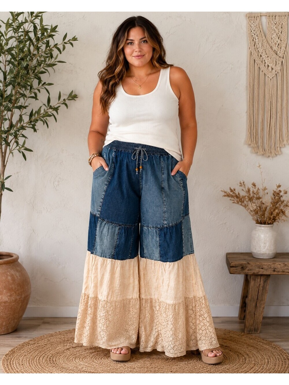 YOUNG THREADS Patchwork Denim Lace Wide Leg Pants NWT 2X